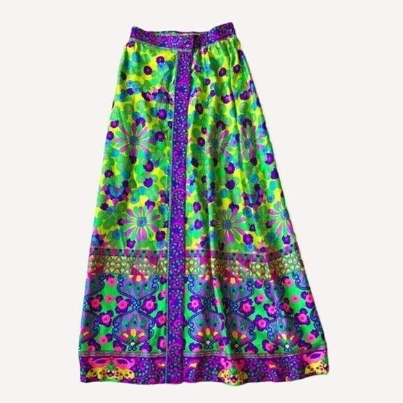 Vintage 70s Alex Colman Psychedelic Floral Maxi Wrap Skirt Neon Boho Small - Picture 6 of 16